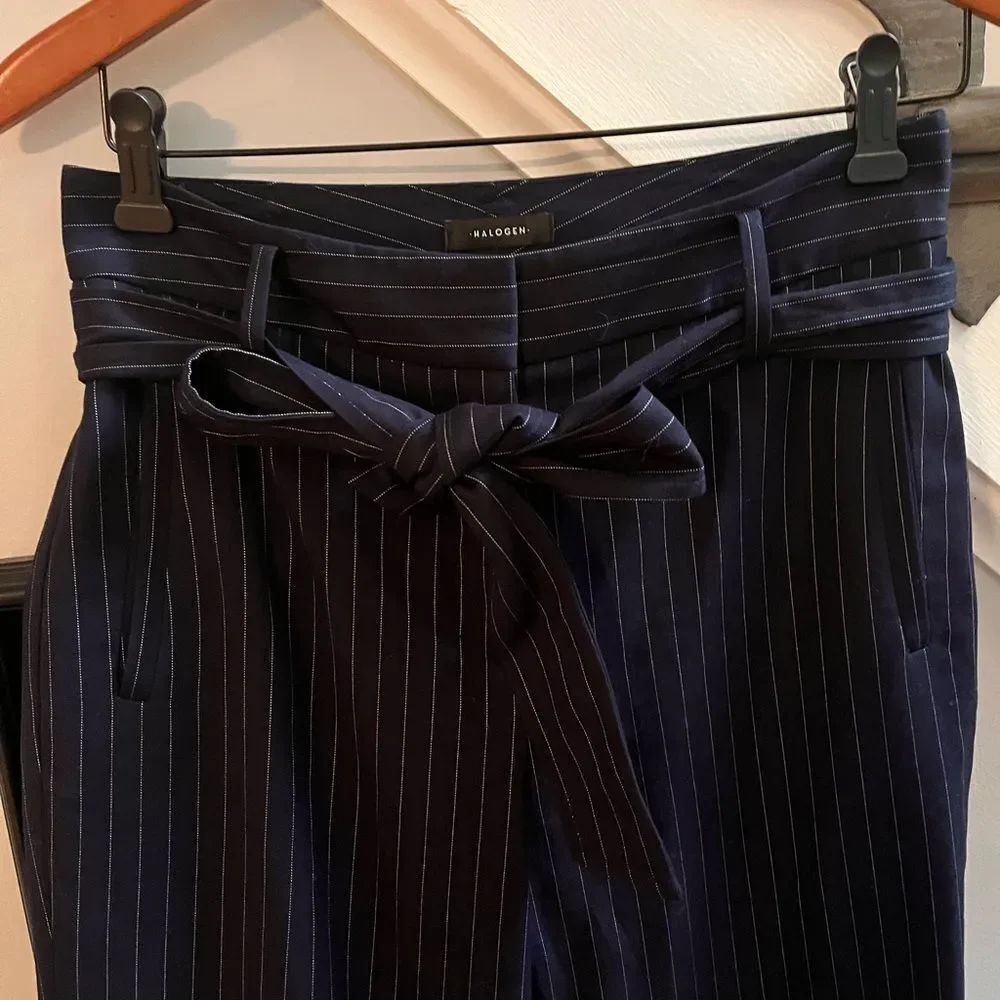 Halogen Navy Pin Stripe Tie Waist Trousers Pants sz 4P EUC